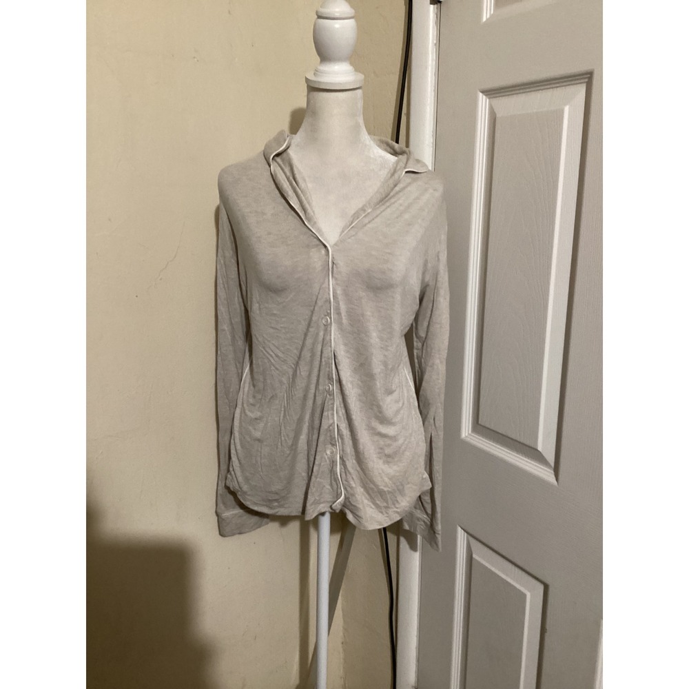 Eberjey Womens Pajama Top Button Down Long Sleeve Lightweight Knit S P Beige